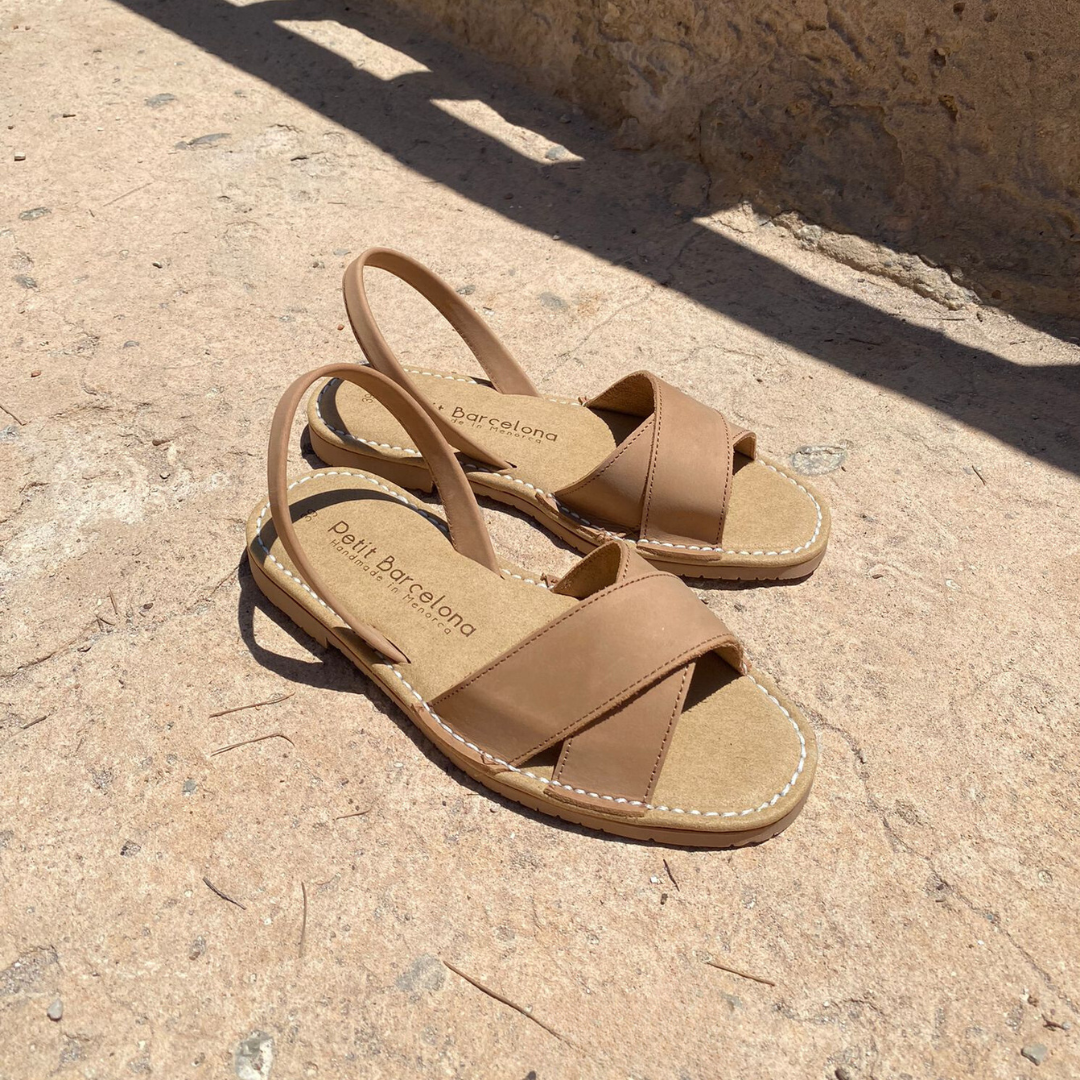 Petit Barcelona Cross Over Flat Avarca in Tan Nubuck