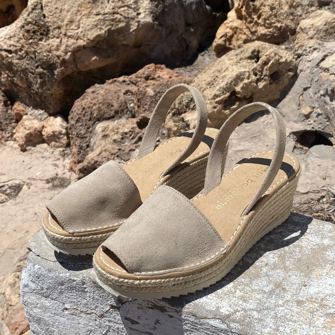 Petit Barcelona Wedges in Stone Suede Leather