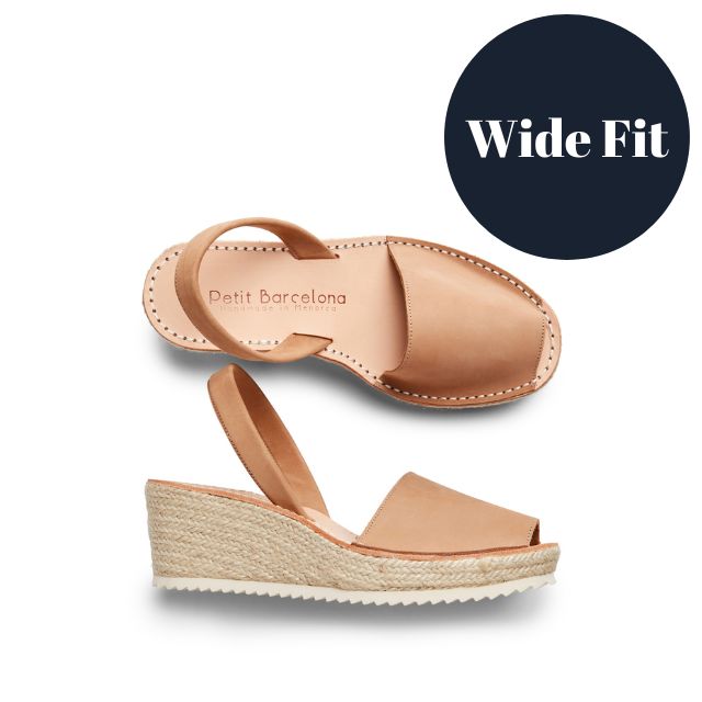 Petit Barcelona Tan Nubuck Leather Wedge Espadrille Sandal in Wide Fit