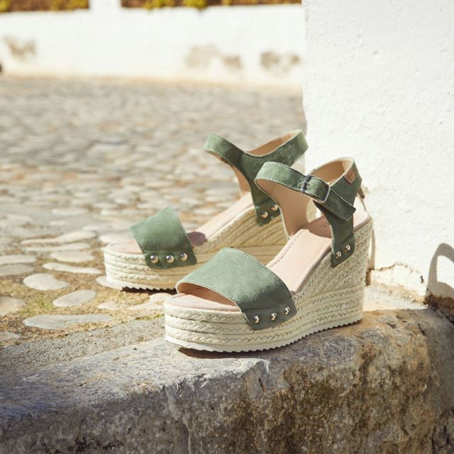 Petit Barcelona Olive Suede Leather Strap Espadrille Wedge