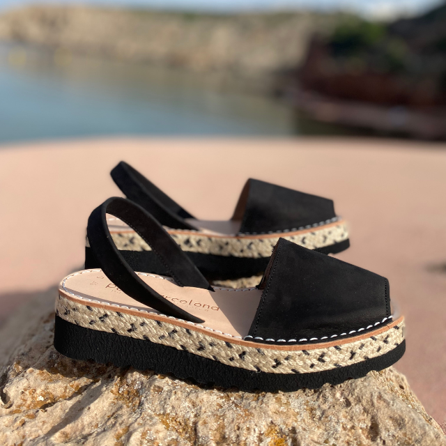 Platform Avarcas | Double Black Suede - PetitBarcelona