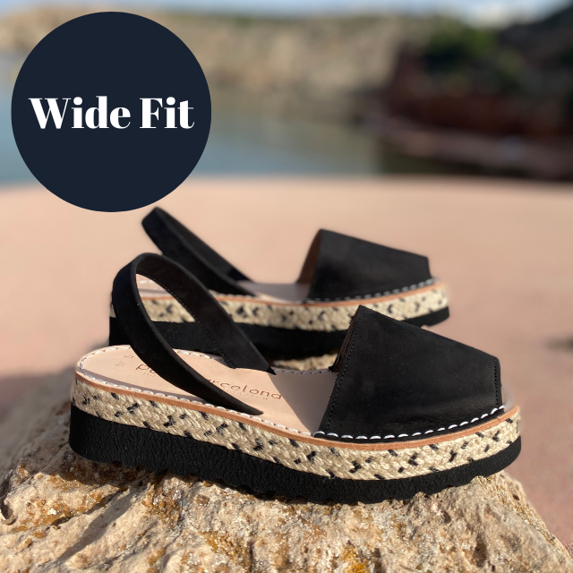 Wide Fit | Platform Avarcas | Double Black Suede - PetitBarcelona