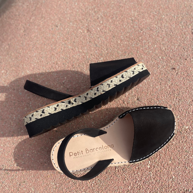 Platform Avarcas | Double Black Suede - PetitBarcelona